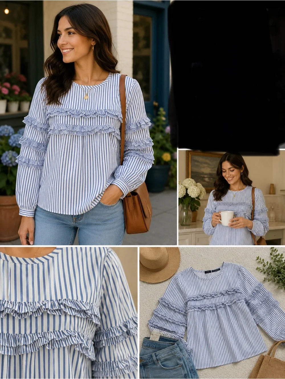J. Crew Blue & White Striped Ruffle Tier Blouse